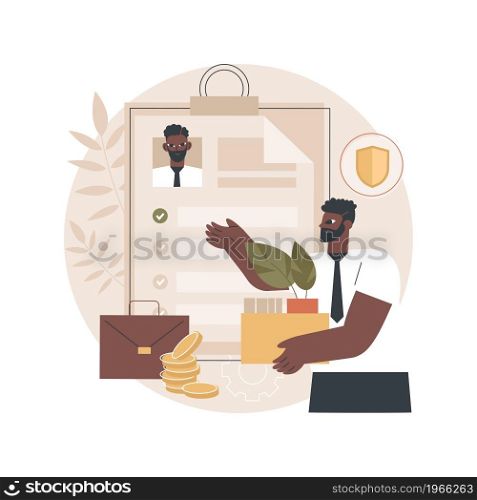 Unemployment insurance abstract concept vector illustration. Unemployment benefits, lost job, tired stressed businessman, claim form, workers compensation, paper work, interview abstract metaphor.. Unemployment insurance abstract concept vector illustration.