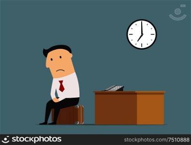 Unemployment, jobless or professional crisis theme concept. Frustrated dismissed manager sitting on briefcase at empty office after being fired