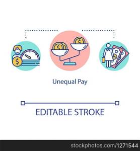 Unequal pay icon. Man and woman work salary gap, gender employment inequality, discrimination idea thin line illustration. Vector isolated outline RGB color drawing. Editable stroke