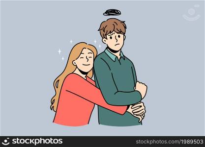 Unequal relations and feelings concept. Young couple standing she is loving embracing depressed and frustrated man vector illustration . Unequal relations and feelings concept