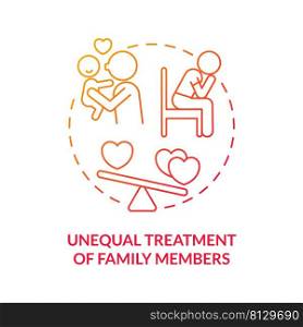 Unequal treatment of family members red gradient concept icon. Feature of dysfunctional families abstract idea thin line illustration. Isolated outline drawing. Myriad Pro-Bold font used. Unequal treatment of family members red gradient concept icon