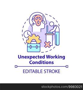 Unexpected working conditions concept icon. New worker emotional burden factor. Unfulfilled desires thin line illustration. Unrealized dream. Vector isolated outline RGB color drawing. Editable stroke. Unexpected working conditions concept icon