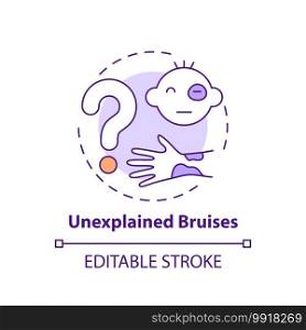 Unexplained bruises concept icon. Sign of physical violence at home. Abuse and assault symptom. Child safety idea thin line illustration. Vector isolated outline RGB color drawing. Editable stroke. Unexplained bruises concept icon