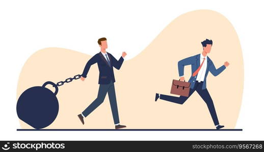 Unfair competition, businessman competes with another man who has load strapped. Discrimination and dishonest rivalry, inequality in career cartoon flat style isolated illustration. Vector concept. Unfair competition, businessman competes with another man who has load strapped. Discrimination and dishonest rivalry, inequality in career cartoon flat style isolated vector concept