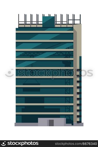 Unfinished Building. Some Floors with Glasses. Unfinished building icon. Skyscraper. Floors with glass. Rows and columns of metal scaffolding over rectangular windows on building outdoors. Cartoon style. Modern architecture. Vector illustration