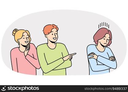 Unfriendly people laugh at lonely girl pointing at her. Bad students bullying gossiping about female mate. Concept of mockery and bully. Vector illustration.. Unfriendly people bullying female student