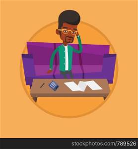 Unhappy african-american man calculating home bills. Man sitting on sofa and accounting costs and mortgage for paying home bills. Vector flat design illustration in the circle isolated on background.. Unhappy african-american man accounting home bills