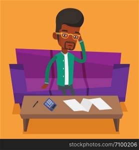Unhappy african man calculating home bills. Sad man sitting on sofa and accounting costs and mortgage for paying home bills. Man analyzing home bills. Vector flat design illustration. Square layout.. Unhappy african man accounting home bills.