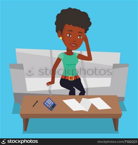 Unhappy african woman calculating home bills. Woman sitting on sofa and accounting costs and mortgage for paying home bills. Woman analyzing home bills. Vector flat design illustration. Square layout.. Unhappy african woman accounting home bills.