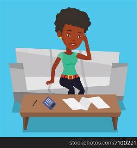Unhappy african woman calculating home bills. Woman sitting on sofa and accounting costs and mortgage for paying home bills. Woman analyzing home bills. Vector flat design illustration. Square layout.. Unhappy african woman accounting home bills.