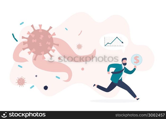 Unhappy and shocked trader or investor run from corona virus pandemic. Falling financial markets, pandemic viral infection. Covid-19 attack people and global stock markets. Flat vector illustration