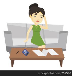 Unhappy asian woman calculating home bills. Upset woman accounting costs and mortgage for paying home bills. Girl analyzing home bills. Vector flat design illustration isolated on white background.. Unhappy asian woman accounting home bills.