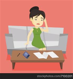 Unhappy asian woman calculating home bills. Woman sitting on sofa and accounting costs and mortgage for paying home bills. Girl analyzing home bills. Vector flat design illustration. Square layout. Unhappy asian woman accounting home bills.