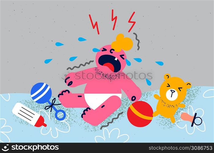 Unhappy baby infant in diaper crying screaming want parent attention. Upset little newborn kid yell and shout with mouth wide open. Childhood and parenting concept. Vector illustration. . Unhappy baby infant in diaper crying