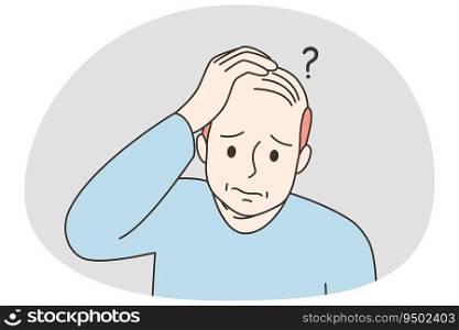 Unhappy bald man suffer from alopecia. Stressed upset male character struggle with hair loss disease. Healthcare problem. Vector illustration.. Unhappy man suffer from alopecia