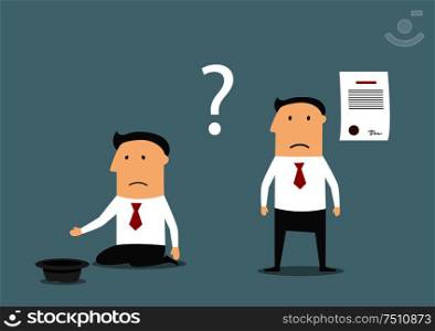 Unhappy bankrupt businessman between signing a bad contract and poverty. Use as a business stress and depression, bankruptcy and financial failure concept . Bankrupt businessman between contract and poverty