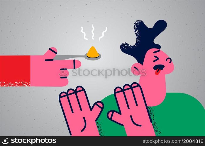 Unhappy boy refuse eating product feel disgusted with taste or smell. Stubborn child reject food or meal. Childhood nutrition problem concept. Bad habit. Vector illustration, cartoon character. . Stubborn boy child refuse eating food