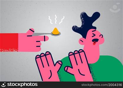 Unhappy boy refuse eating product feel disgusted with taste or smell. Stubborn child reject food or meal. Childhood nutrition problem concept. Bad habit. Vector illustration, cartoon character. . Stubborn boy child refuse eating food