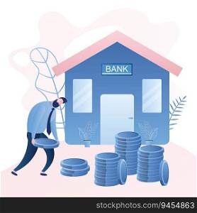 Unhappy businessman carries coins to the bank building. Loan repayment or bank slavery concept. Male character in trendy style. Vector illustration