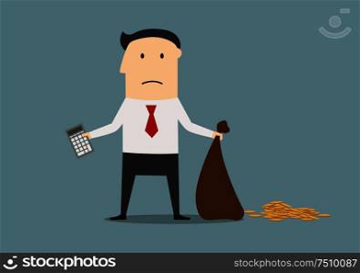 Unhappy businessman declaring bankruptcy and showing empty bag and calculator. Bankruptcy, financial crisis or failure concept. Bankrupt manager with calculator and empty bag