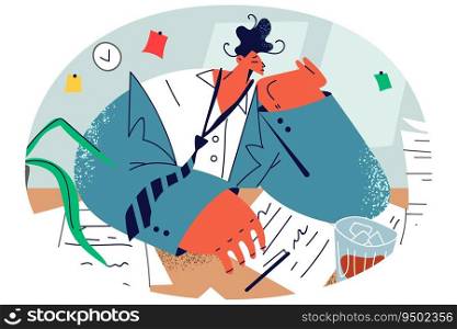 Unhappy businessman drinking whiskey working in office late hours. Upset unmotivated male employee overwhelmed with paper work. Burnout and fatigue. Vector illustration.. Unhappy male employee unmotivated with office job