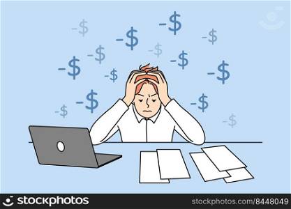 Unhappy businessman sitting art desk with laptop having financial problems. Stressed man have debt and finance troubles at work. Vector illustration.. Stressed man having financial problems