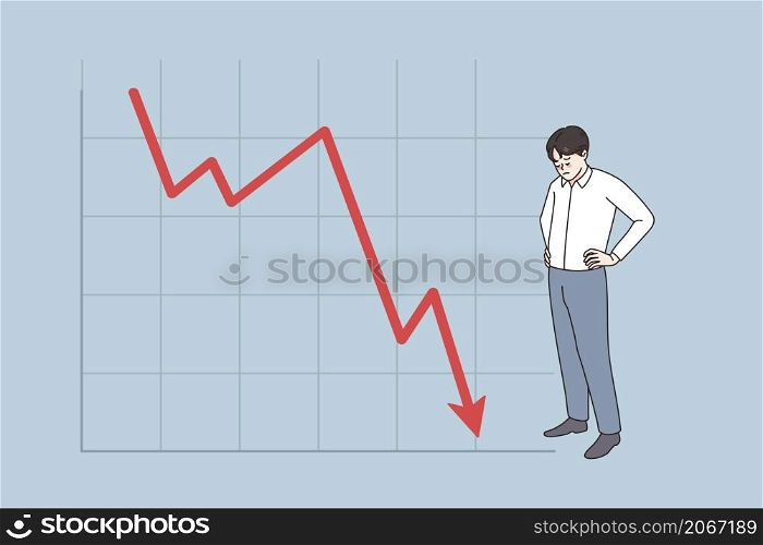 Unhappy businessman stand near graph going down distressed with business bankruptcy or crisis. Upset man employee or worker stressed with bad financial statistics. Flat vector illustration. . Unhappy businessman stressed with company financial crisis