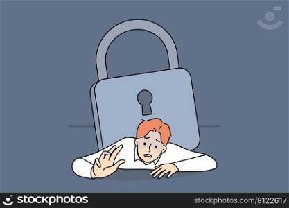 Unhappy businessman under heavy padlock suffer from bankruptcy during lockdown. Stressed man employee pressed by lock burden. Debt and financial crisis. Vector illustration. . Stressed businessman pressed under heavy lock 