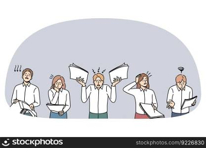Unhappy businesspeople with paperwork frustrated with bad financial results. Upset confused employees or workers with documents failed with company statistics. Flat vector illustration.. Unhappy employees frustrated with company paperwork results