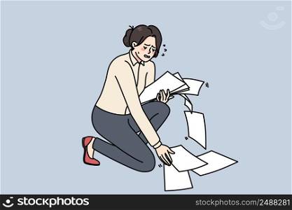 Unhappy businesswoman crying collect scattered on floor papers. Upset stressed clumsy woman gather dropped documents or paperwork, clean mess at workplace. Vector illustration. . Clumsy businesswoman collect scattered paperwork on floor