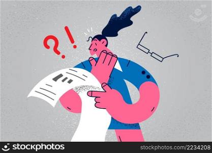 Unhappy businesswoman stressed about bad news in paperwork feel confused and frustrated. Shocked woman employee get dismissal or firing notice in document. Flat vector illustration. . Unhappy woman feel frustrated read bad news in paperwork 