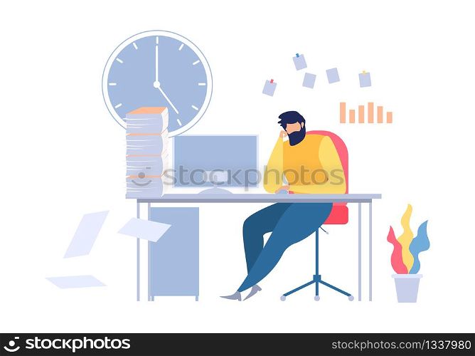 Unhappy Cartoon Man Sitting at Office Table Workplace Vector Illustration. Paper Sheet Stack on Desk. Computer Clock Deadline. Depressed Exhausted Manager. Overworked Male Worker Business Stress. Unhappy Cartoon Man Sitting Office Table Workplace