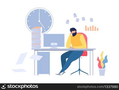Unhappy Cartoon Man Sitting at Office Table Workplace Vector Illustration. Paper Sheet Stack on Desk. Computer Clock Deadline. Depressed Exhausted Manager. Overworked Male Worker Business Stress. Unhappy Cartoon Man Sitting Office Table Workplace