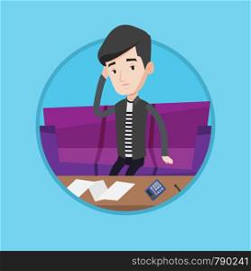 Unhappy caucasian man calculating home bills. Sad man sitting on sofa and accounting costs and mortgage for paying home bills. Vector flat design illustration in the circle isolated on background.. Unhappy caucasian man accounting home bills.