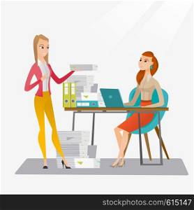 Unhappy caucasian office worker receiving a lot of paperwork. Happy office worker giving a lot of paperwork to his colleague. Concept of paperwork. Vector flat design illustration. Square layout.. Employee receiving lot of paperwork.