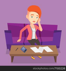 Unhappy caucasian woman calculating home bills. Woman sitting on sofa and accounting costs and mortgage for paying home bills. Girl analyzing home bills. Vector flat design illustration. Square layout. Unhappy caucasian woman accounting home bills.