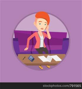 Unhappy caucasian woman calculating home bills. Woman sitting on sofa and accounting costs and mortgage for paying home bills. Vector flat design illustration in the circle isolated on background.. Unhappy caucasian woman accounting home bills.