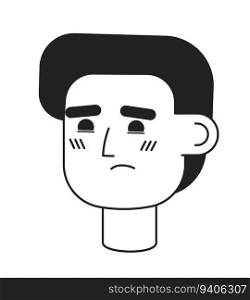 Unhappy caucasian young man monochrome flat linear character head. Editable outline hand drawn human face icon. Unsuccessful entrepreneur. 2D cartoon spot vector avatar illustration for animation. Unhappy caucasian young man monochrome flat linear character head