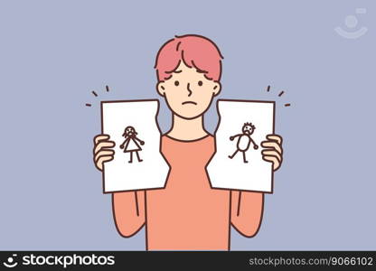 Unhappy child hold torn family picture suffer from parents divorce or separation. Upset lonely boy kid struggle with domestic problems. Vector illustration. . Unhappy child hold torn family picture 