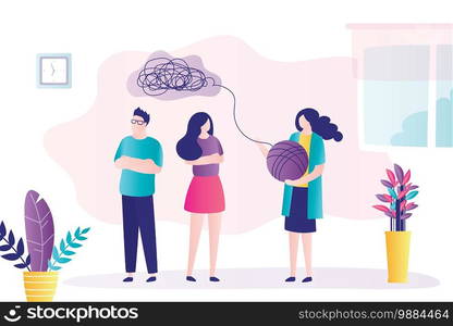 Unhappy couple at consultation with psychologist. Doctor is talking with people. Psychoanalysis, professional solves mental problems. Room interior. Family conflict. Trendy style vector illustration