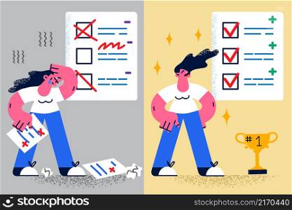 Unhappy crying girl get bad test results versus smiling one feel successful with good grades on paperwork. Study and learning. Good education and effort concept. Flat vector illustration. . Comparison of girl fail and succeed at test