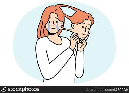 Unhappy crying woman take out mask of man suffer from trans gender identity problem. Concept of transsexual and queer people. Vector illustration.. Unhappy trans woman with mask