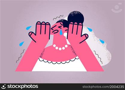 Unhappy distressed bride in wedding dress cry because of marriage dissolution. Upset depressed woman fiancee feel anxious stressed. Betrayal and cheating. Family end. Vector illustration. . Unhappy bride feel stressed cry at wedding