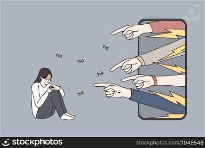 Unhappy distressed millennial girl feel depressed because of bad negative comments mocking online on smartphone chat. Depressed woman suffer from cyber bullying on social media. Vector illustration.. Distressed girl suffer from cyber bulling on social media