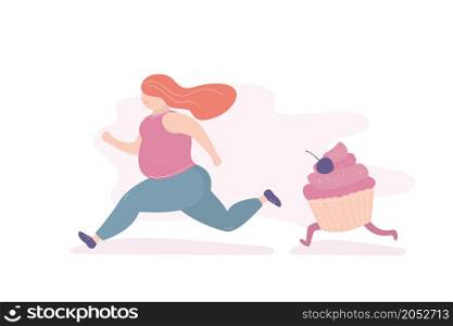 Unhappy fat girl runs away from a big cupcake,woman afraid the problem of overweight and overeating,trendy style vector illustration