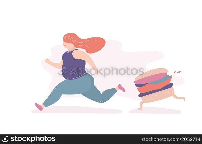Unhappy fat girl runs away from a big hamburger,the problem of overweight and overeating, trendy style vector illustration