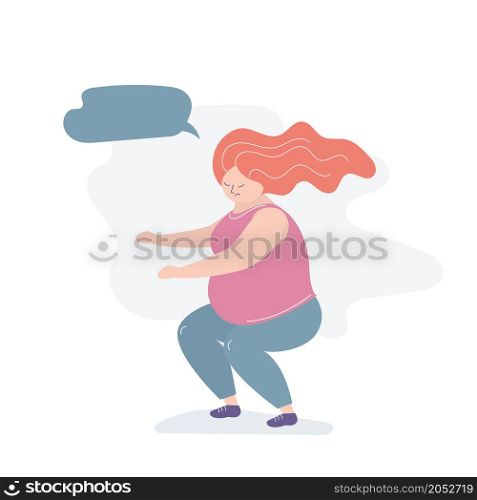 Unhappy fat woman, female is engaged in fitness, weight problem, with trendy style vector illustration