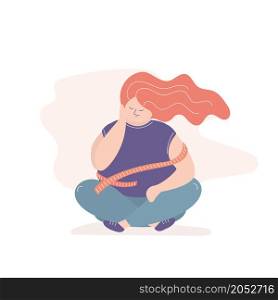 Unhappy fat woman with measuring tape,cartoon female character, weight problem, with trendy style vector illustration