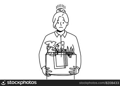 Unhappy female employee with box with personal belongings fired from work leave office. Stressed woman worker dismissed from job and workplace. Vector illustration.. Stressed female employee fired from office