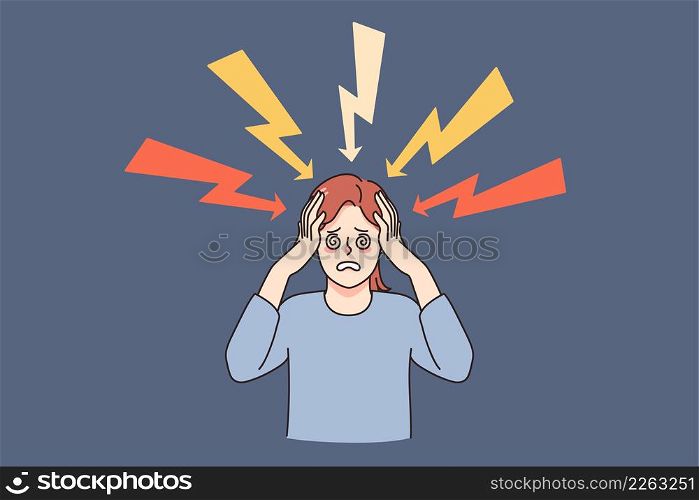 Unhappy frustrated woman stressed with life problems or thoughts feel depressed and overwhelmed. Upset female suffer from workload or troubles, have anxiety or panic attack. Vector illustration.. Frustrated woman overwhelmed with life problems
